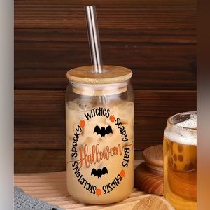 Halloween 16oz Glass Ice Coffee Soda Cup With Bamboo Lid And Glass Straw